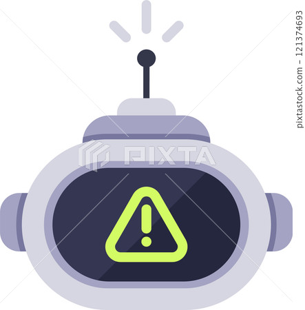 Robot showing warning alert sign on screen and flashing antenna, potential error or malfunction, artificial intelligence concept, flat vector illustration isolated on white background Robot showing warning alert sign on screen and flashing antenna, potential error or malfunction, artificial intelligence concept, flat vector illustration isolated on white background 121374693