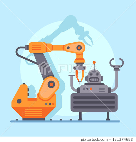 Articulated robotic arm building another funny robot, both standing on a production line inside a modern factory, with a light blue background and a shadow of the arm Articulated robotic arm building another funny robot, both standing on a production line inside a modern factory, with a light blue background and a shadow of the arm 121374698