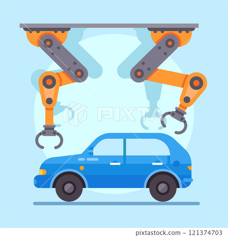 Two robotic arms working meticulously on a blue car within a futuristic factory, highlighting the advancements in automation and efficiency in the automotive manufacturing industry Two robotic arms working meticulously on a blue car within a futuristic factory, highlighting the advancements in automation and efficiency in the automotive manufacturing industry 121374703