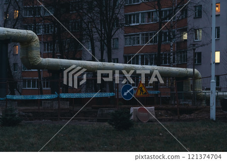 Water supply repair works in the city. Construction site in the evening 121374704