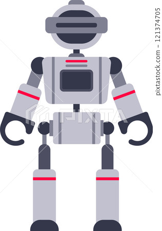 Gray and red robot standing with arms down, featuring a screen on its chest and a round head with a horizontal visor, embodying automation and advanced technology 121374705