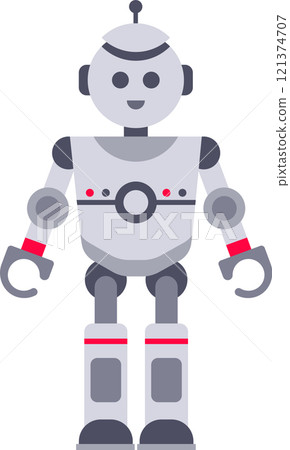 Gray and red robot standing with a smile on its face, representing artificial intelligence, automation, and future technologies in a minimalist and colorful flat design 121374707