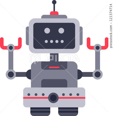 Cartoon robot waving with claw hands, featuring an antenna on its head, a screen face and a camera on its chest, embodies a playful and futuristic concept 121374714