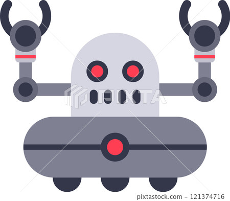 Futuristic robot featuring glowing red eyes, gripping robotic arms, and embodying the concept of artificial intelligence, represents cutting edge technology and innovation in automation 121374716