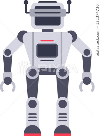 Gray and red robot standing upright with two antennas, two clawed arms, and two legs, featuring a modern, futuristic design that embodies the concept of artificial intelligence Gray and red robot standing upright with two antennas, two clawed arms, and two legs, featuring a modern, futuristic design that embodies the concept of artificial intelligence 121374730