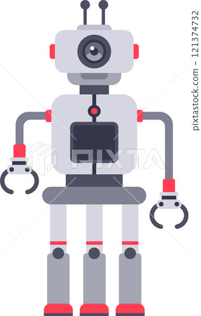 Futuristic robot standing on three legs with mechanical arms holding claws, featuring a camera eye and a central processing unit, representing advanced technology and automation Futuristic robot standing on three legs with mechanical arms holding claws, featuring a camera eye and a central processing unit, representing advanced technology and automation 121374732