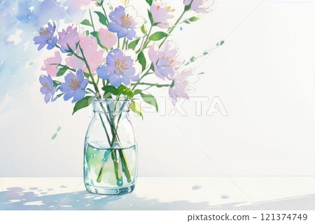 玻璃瓶插花，水彩風格 121374749