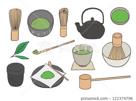 與茶道器具相關的手繪插圖集（彩色） 121374796