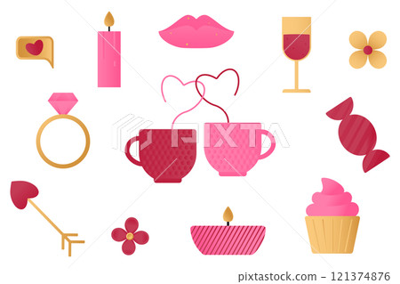 Set of elements with romantic symbols - lips, cupcake, flower, ring, candles, SMS, cups with hearts. Illustrations on the theme of Valentines Day, birthday. Vector illustration. Set of elements with romantic symbols - lips, cupcake, flower, ring, candles, SMS, cups with hearts. Illustrations on the theme of Valentines Day, birthday. Vector illustration. 121374876