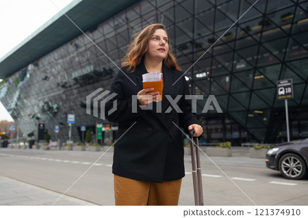 Smiling female business professional hailing taxi. Happy businesswoman waiting for taxi on the city street. 121374910