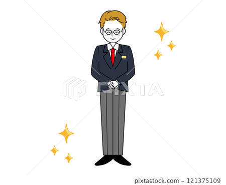 男性銷售員為顧客服務的插圖 男性商人的全身插圖 男性銷售員為顧客服務的插圖 男性商人的全身插圖 121375109