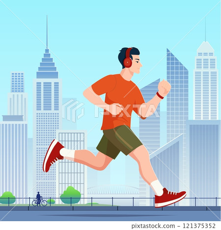 Dynamic Flat Vector Illustration of a Young Man Running in an Urban Cityscape Wearing Headphones and Fitness Gear 121375352