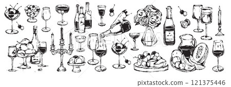 Romantic wine bottle illustration, hand drawn ink Italian date champagne glass vector print set. Romantic wine bottle illustration, hand drawn ink Italian date champagne glass vector print set. 121375446