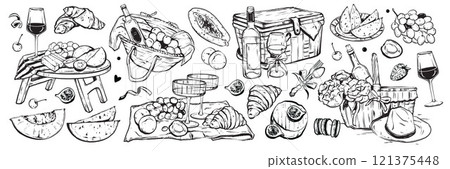 Picnic doodle vector illustration set, hand drawn summer outdoor lunch print, rural basket wine.  121375448
