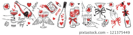 Valentine day doodle set, vector hand drawn love wine sticker, romantic alcohol glass illustration.  121375449