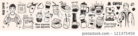 Coffee icon vector hand drawn set, doodle cafes illustration, morning hot beverage breakfast cup.  Coffee icon vector hand drawn set, doodle cafes illustration, morning hot beverage breakfast cup.  121375450