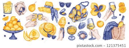 Summer picnic watercolor illustration set, vector hand drawn wine glass print, fresh lemonade, fruit 121375451