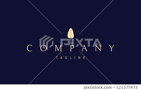 Vector golden logo with an abstract image of a tree under the stars. 121375473