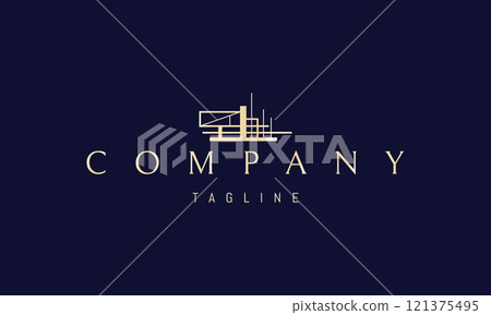 Vector golden logo with an abstract image of a modern mansion in a minimalist style. 121375495