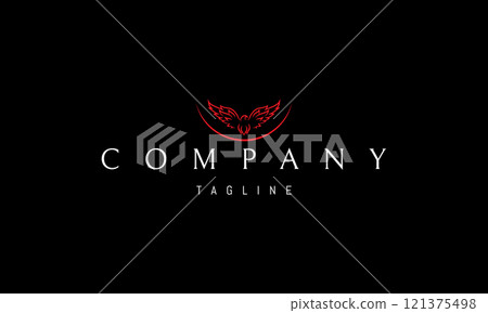 Vector red logo with an abstract image of a phoenix with outstretched wings and a moon below. 121375498