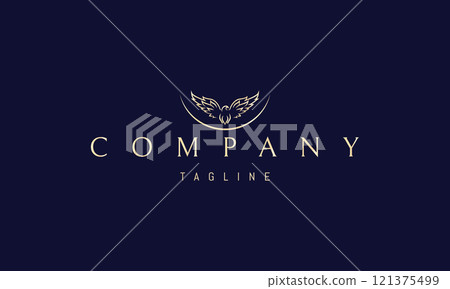 Vector golden logo with an abstract image of a phoenix with outstretched wings and a moon below. 121375499