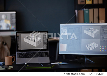 Dual monitors showing detailed 3D renderings of architectural designs in professional workspace. Mug, phone, and stylus on desk setup showcasing workspace essentials 121375605