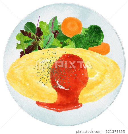 煎蛋飯盛在水彩畫的盤子上 121375835