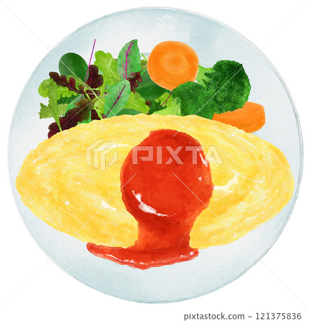 煎蛋飯盛在水彩畫的盤子上 121375836