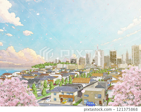 Cherry blossoms, house, residential, town, cherry blossoms, hand-drawn style, BG, watercolor style, spring 121375868