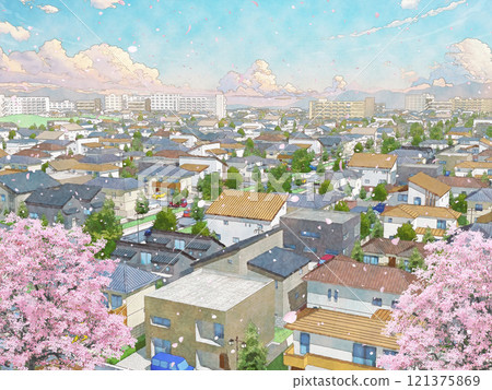 櫻花屋住宅小鎮手繪風格BG水彩風格春天 櫻花屋住宅小鎮手繪風格BG水彩風格春天 121375869