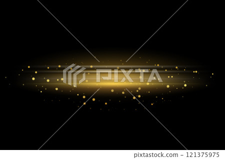 Golden Light Streaks with Sparkling Particles on Black Background Elegant Glow Effect for Luxury Designs. 121375975