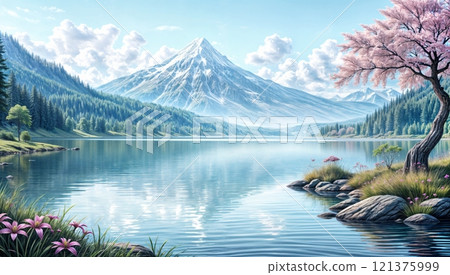 Landscape with cherry blossoms 121375999