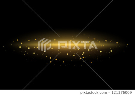 Golden Light Streaks with Sparkling Particles on Black Background Elegant Glow Effect for Luxury Designs. 121376009