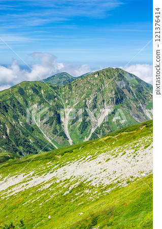 View of Mt. Okudainichi and Mt. Dainichi from the Raichozawa hiking trail. Climbing Mt. Tsurugi in the Northern Alps View of Mt. Okudainichi and Mt. Dainichi from the Raichozawa hiking trail. Climbing Mt. Tsurugi in the Northern Alps 121376414