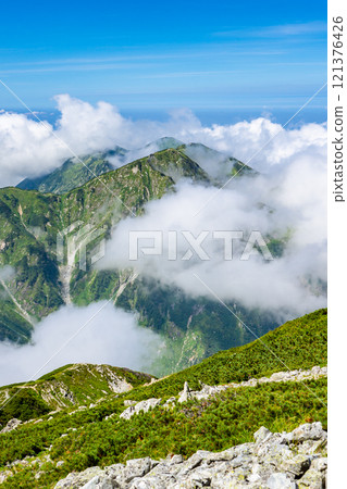 Mount Okudainichi and Mount Dainichi in the sea of clouds seen from Mount Tsurugi-Gozen Mountain Climbing Mount Tsurugi in the Northern Alps 121376426
