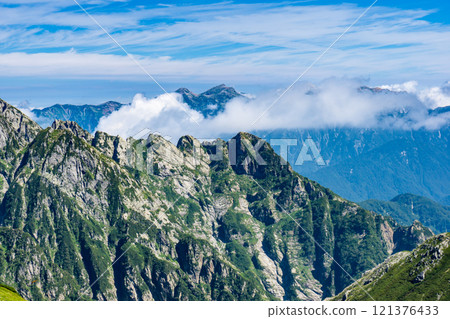 Mount Tsurugi and Mount Hakuba seen from Mount Tsurugi-Gozen. Climbing Mount Tsurugi in the Northern Alps 121376433