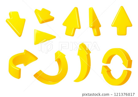 3d arrows and pointers. Yellow interactive cursors, different directions and forms, turns, circular, up, down, voluminous style, cartoon render glossy isolated elements vector set 3d arrows and pointers. Yellow interactive cursors, different directions and forms, turns, circular, up, down, voluminous style, cartoon render glossy isolated elements vector set 121376817