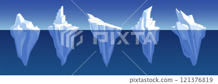 Cartoon floating icebergs. Triangle style arctic rocks, antarctic glaciers with underwater part, cold water blocks, polar mountain in ocean isolated winter elements, nowaday vector set Cartoon floating icebergs. Triangle style arctic rocks, antarctic glaciers with underwater part, cold water blocks, polar mountain in ocean isolated winter elements, nowaday vector set 121376819