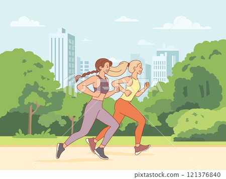 Girls running in park. Athletes train outdoors, marathon participants compete, sports workout, people jog, healthy lifestyle, women jogging together, cartoon flat isolated vector concept 121376840