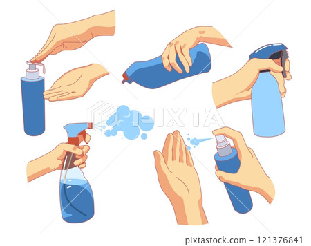 Hands disinfected. Disinfection spray using, sanitization process, aerosol disinfectants and antiseptic sprays, virus protection, antibacterial gel, cartoon flat isolated vector concept 121376841