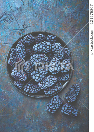 freshly frozen, blackberries on a plate, top view, no people, freshly frozen, blackberries on a plate, top view, no people, 121376867
