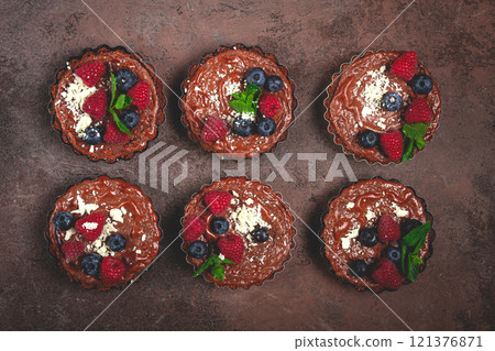 chocolate tartlets, stuffed with cottage cheese and berries, breakfast, homemade, no people, chocolate tartlets, stuffed with cottage cheese and berries, breakfast, homemade, no people, 121376871