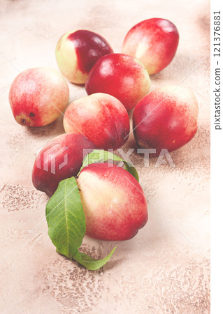 nectarine scattered on the table, top view, close-up, no people, 121376881