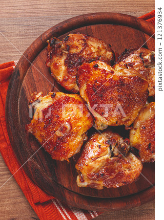 fried chicken thighs, with spices, homemade, no people, 121376934
