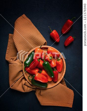 Mini sweet pepper, set, colored peppers, top view, no people, assortment, 121376940