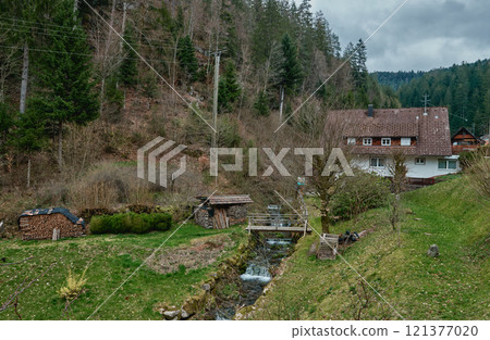 Houses along a beautiful, river in the middle of the forest. Calm and quiet place with autumn colors. In the middle of the river island. 121377020