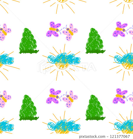 Colorful Seamless Pattern with Butterflies, Sun, and Trees Colorful Seamless Pattern with Butterflies, Sun, and Trees 121377067