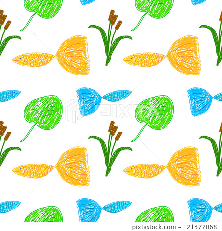 Vibrant Seamless Pattern with Fish, Cattails, and Lily Pads Vibrant Seamless Pattern with Fish, Cattails, and Lily Pads 121377068