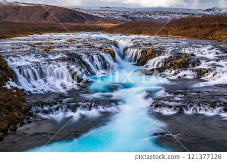 Beautiful turquoise Bruarfoss Waterfall in the autumn, Iceland 121377126