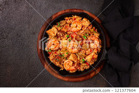 Jambalaya, Creole dish, American pilaf, rice with chicken and shrimp, vegetables, homemade, no people, 121377604